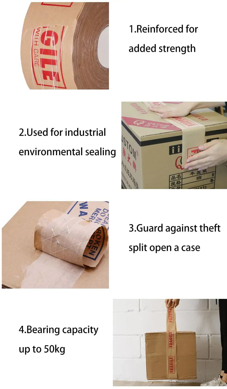 Water-activated kraft paper tape sealing cartons for added strength and theft protection
