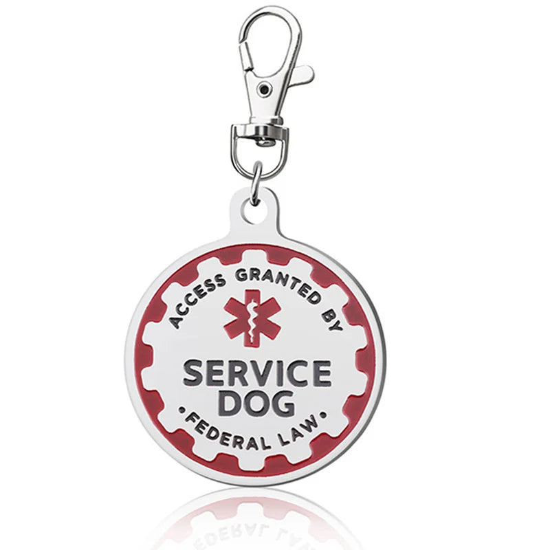 Durable metal service dog ID tag in red and white to ensure easy identification and public access for assistance dogs.