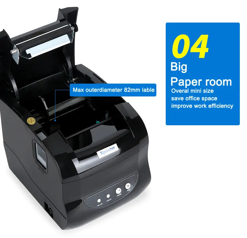 Black thermal label printer with large label paper feed compartment opened