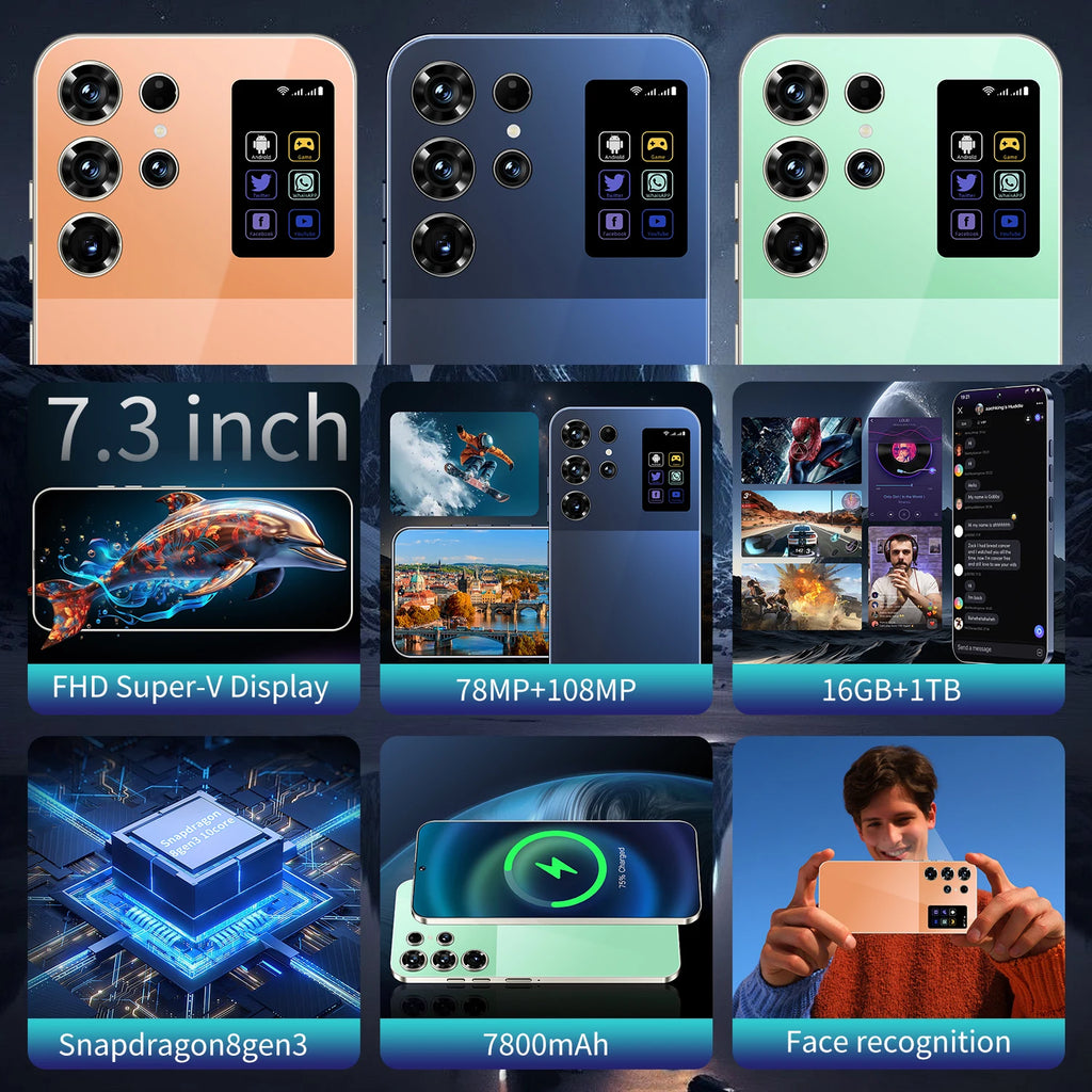 Tidesmit S26 Ultra 5G smartphone with 7.3-inch HD display, 16GB RAM, 1TB storage, and Android 14.