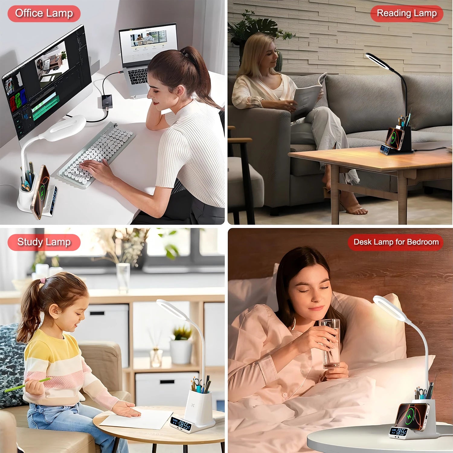 New Arrival 5-in-1 Multifunctional Wireless Charger Desk Lamp with Pen Holder Clock Display Sleek Design for Home Office Tidesmit