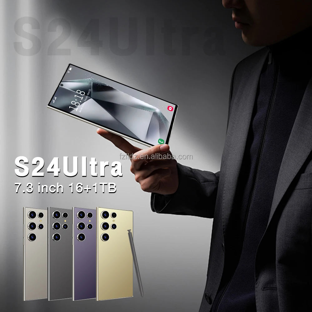 S24 Ultra 5G smartphone with 7.3 inch display, 16GB RAM, 1TB storage, and 108MP camera in sleek modern design.