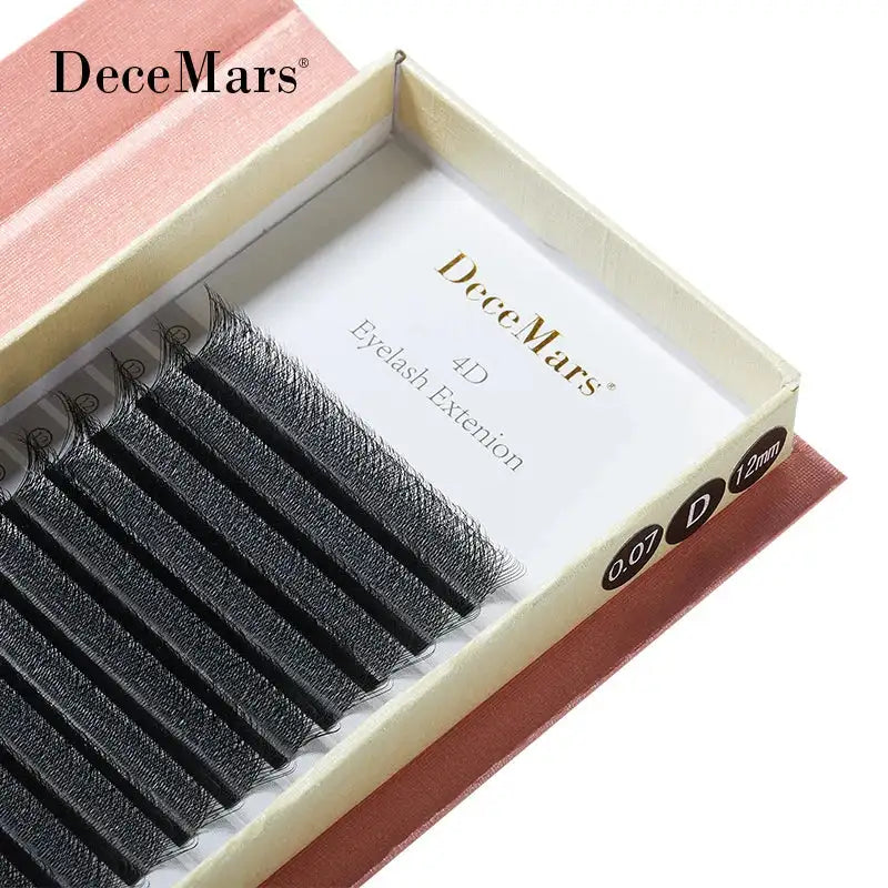 A tray of black 4D W-shaped eyelash extensions, 0.07mm thickness, D-curl, 12mm length, in a DeceMars branded box.