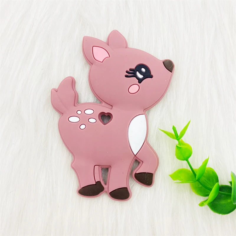 Pink silicone baby teething toy in a cute deer shape for soothing teething pain.