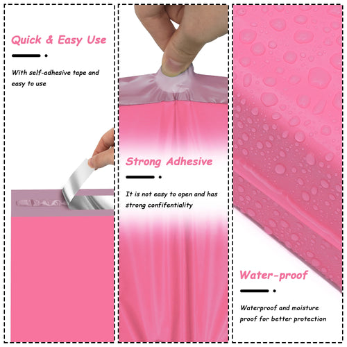 Pink waterproof poly mailer with self-adhesive strip and seam texture close-up