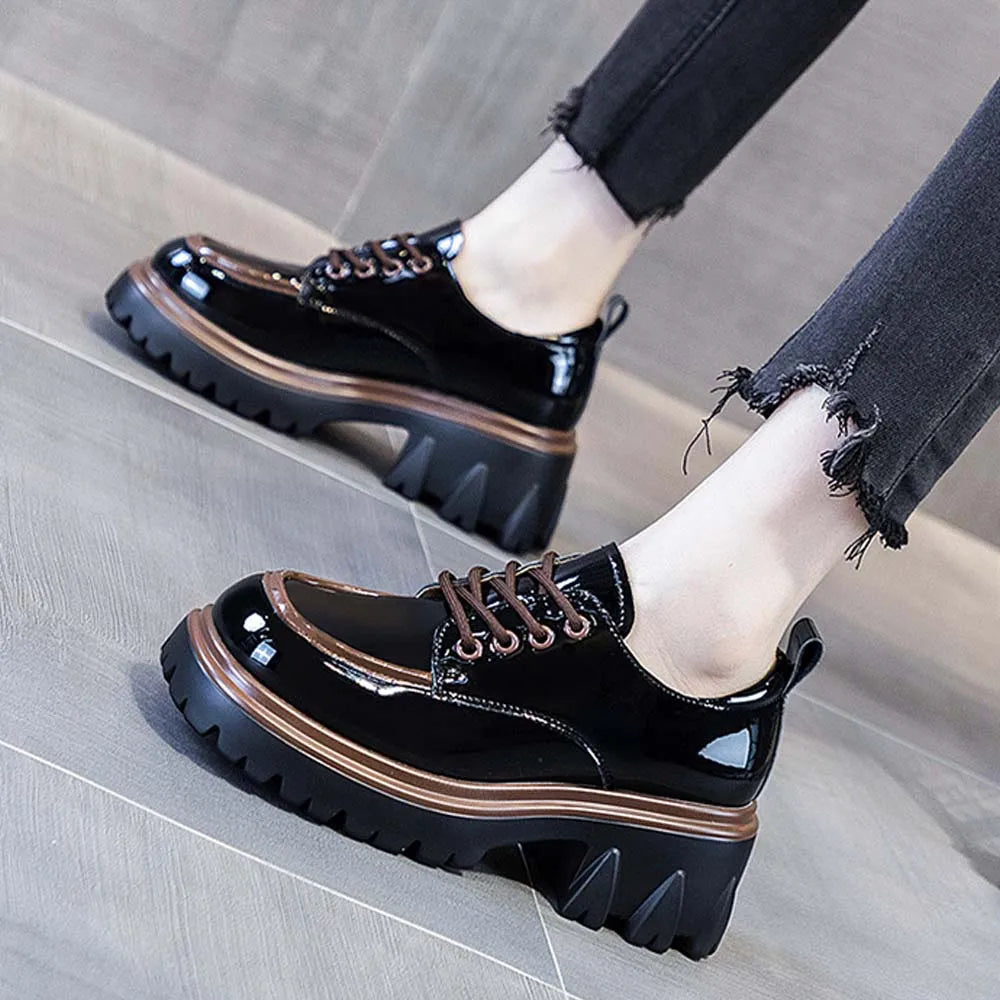 2025 New Women's British Style Spring Autumn Color Blocked Fashion Thick Heel Thick Soled Height Increasing Loafers for Women