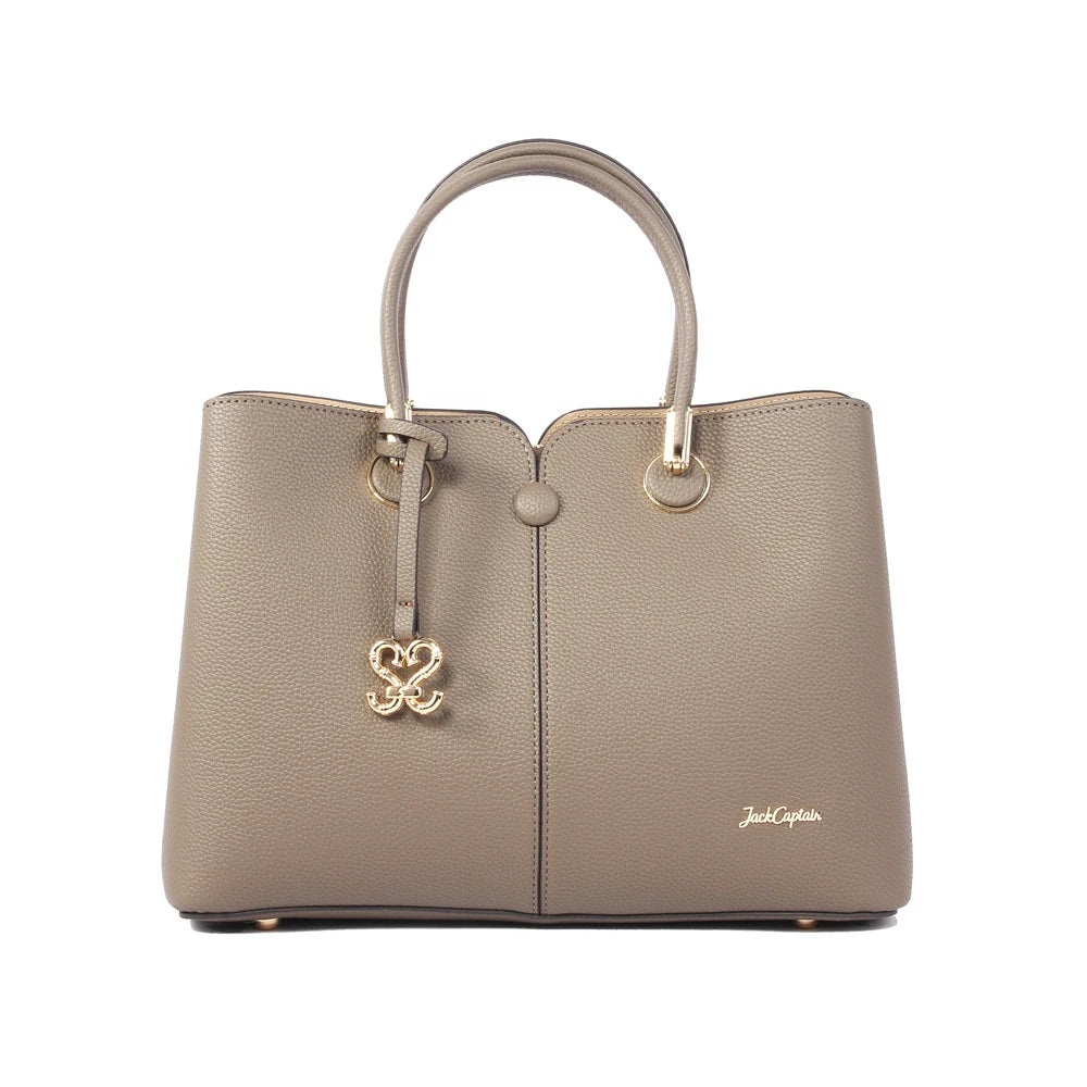 Taupe waterproof PU leather designer handbag with gold charm, top handles, and large capacity for women.