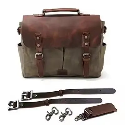 Retro waterproof oil wax canvas and crazy horse leather motorcycle saddle bag with buckles and adjustable straps.