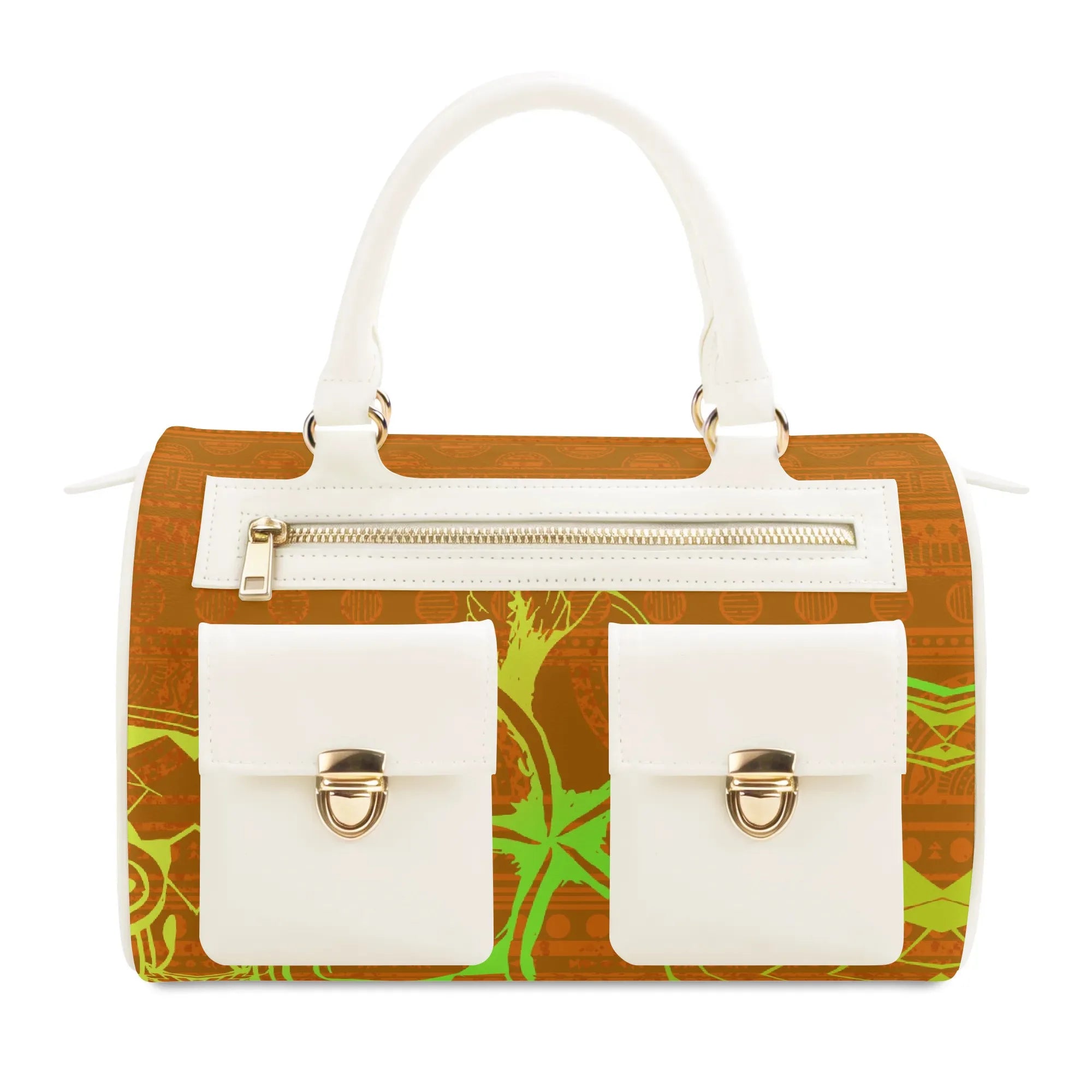 Designer PU leather tote bag with orange tribal print, white dual front pockets, gold hardware, and top handles.