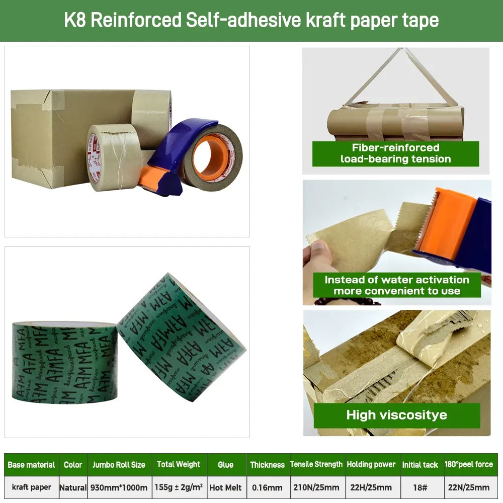 Reinforced self-adhesive kraft paper tape rolls with printed text for parcel sealing