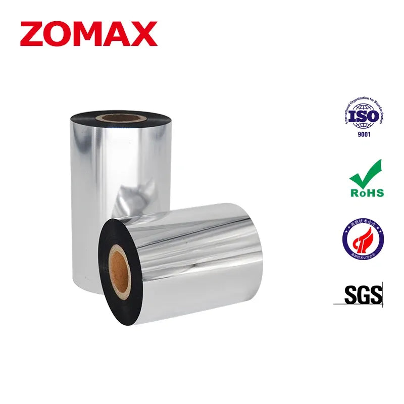 Black thermal transfer ribbon roll with metallic silver body and black core.