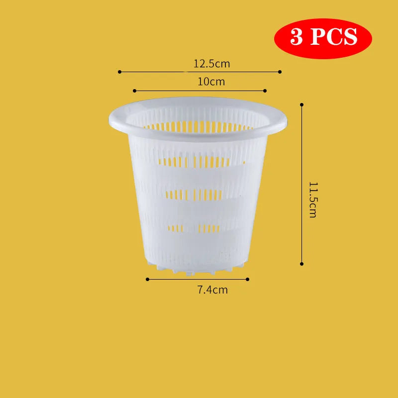 White plastic mesh hydroponics net cup, 3-pack, 10cm wide and 11.5cm tall