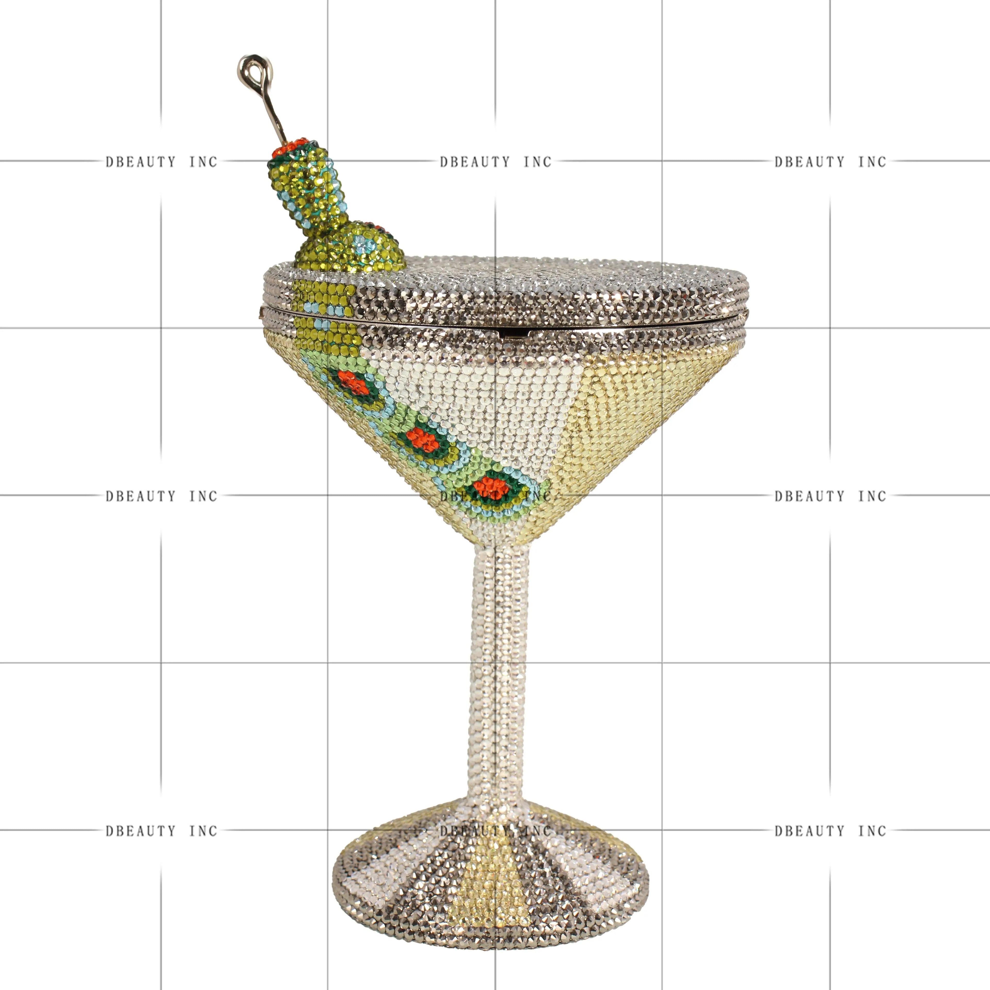 Martini glass shaped designer clutch covered in sparkling silver, gold, and green crystals for formal party wear.