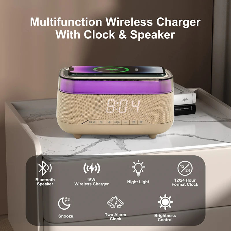 2025 New Multifunction Chargers RGB Led Night Light 15w Fast Wireless Charger Blue Tooth Music Speaker with Alarm Clock Tidesmit