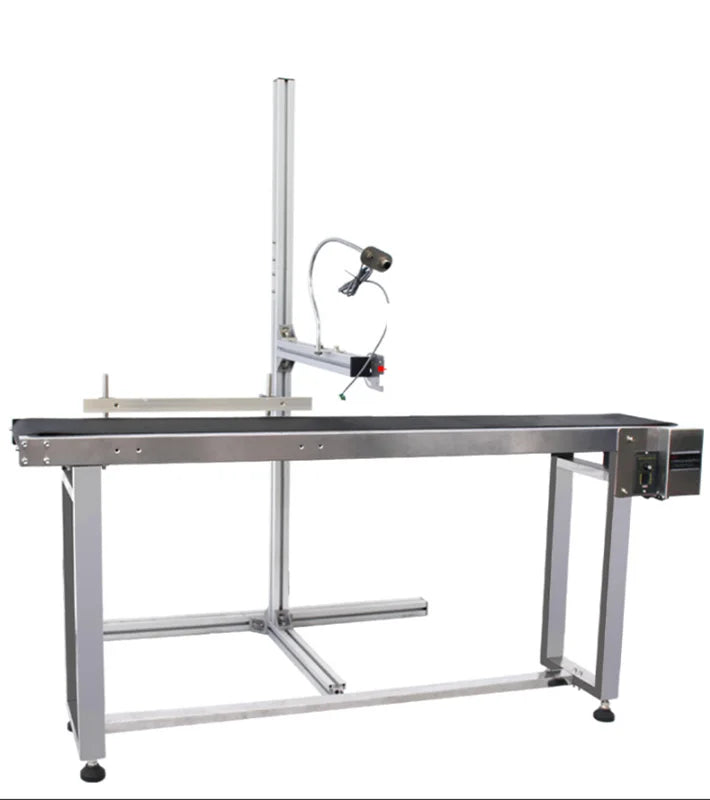 Height-adjustable conveyor belt machine with control box and vertical lift stand