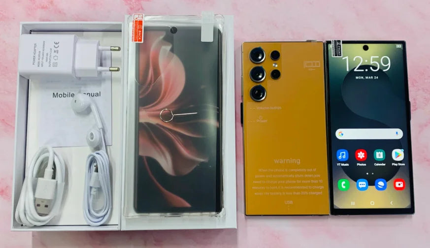 Tidesmit S25 Ultra 5G smartphone with 22GB RAM and 2TB storage, featuring HD screen and dual SIM in sleek design.