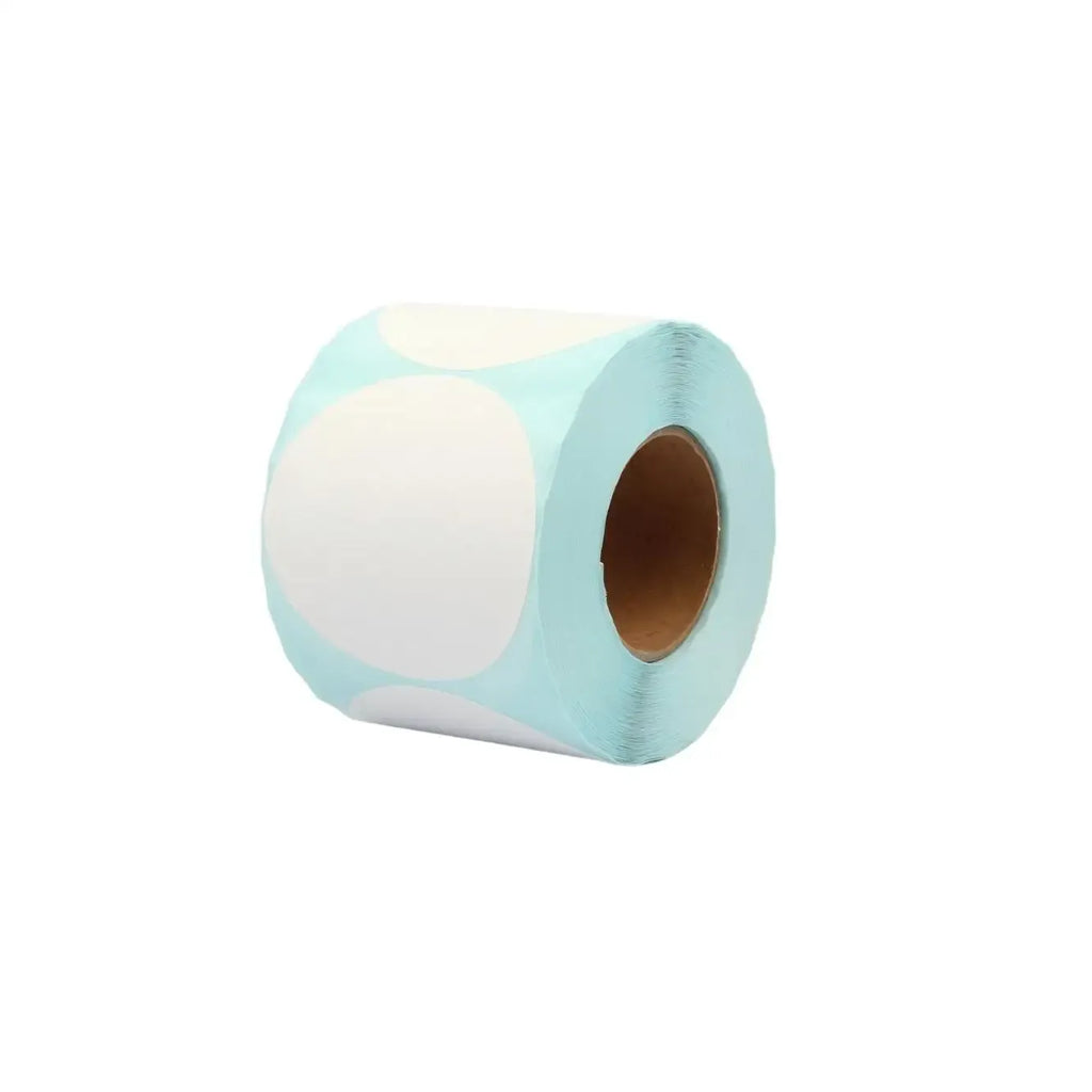 Light blue roll of thermal barcode labels with large white blank circles, adhesive