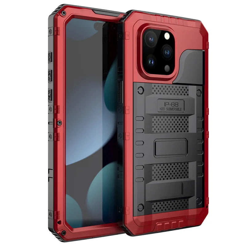 Heavy Duty Kickstand IP68 Screen Protector Covers Waterproof Metal Case for iPhone 16e 16 15 14 13 12 11 Pro Max XS XR Pro 7 8 + Red Retail box Tidesmit