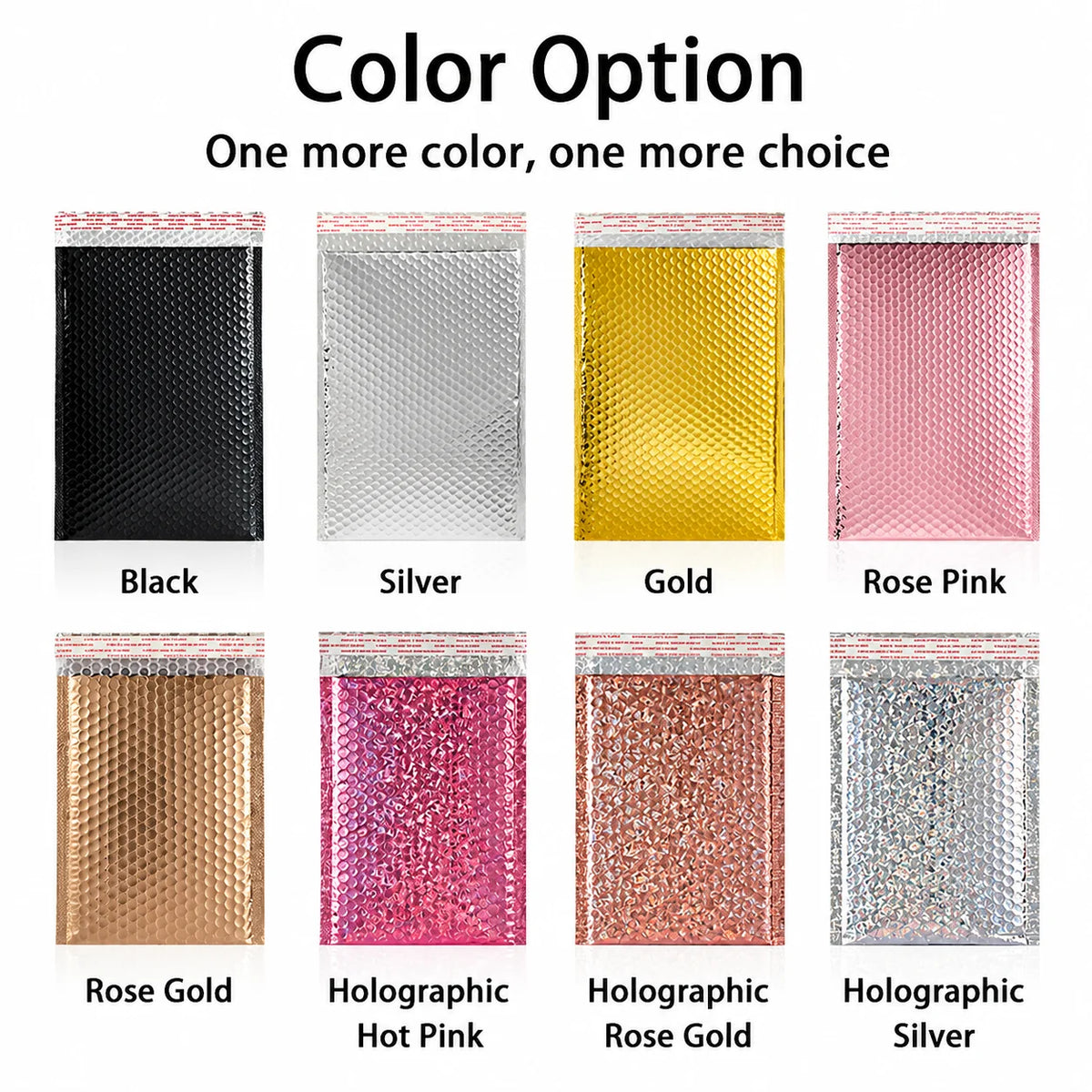 Color option chart of metallic bubble mailer bags: black, silver, gold, rose pink