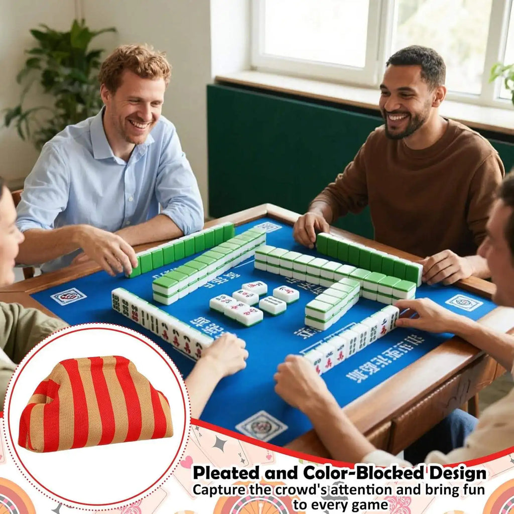 Red and tan striped canvas Mahjong tile storage bag with a pleated frame, portable trunk style for game accessories.