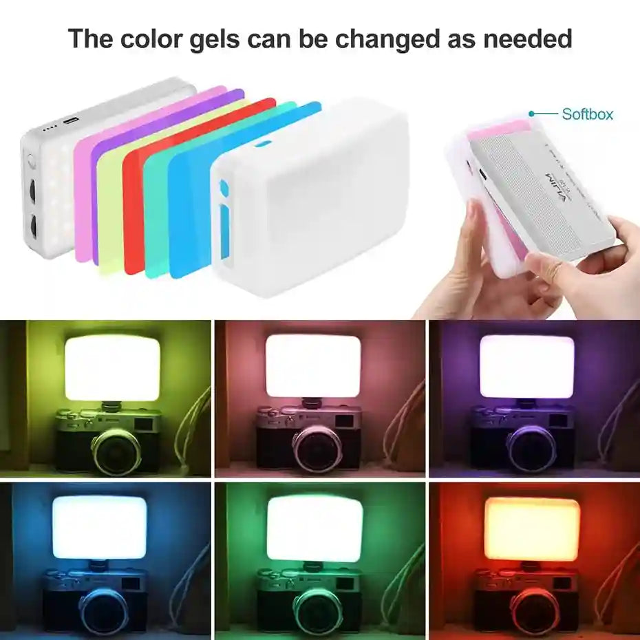 Portable LED video light with rectangular shape, flexible silicone softbox, and various colored light filter gels.
