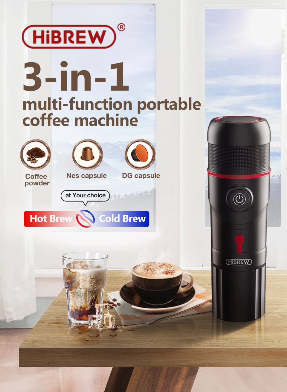 HiBREW 3-in-1 portable coffee maker, black cylindrical design with red accents for capsules or ground coffee.