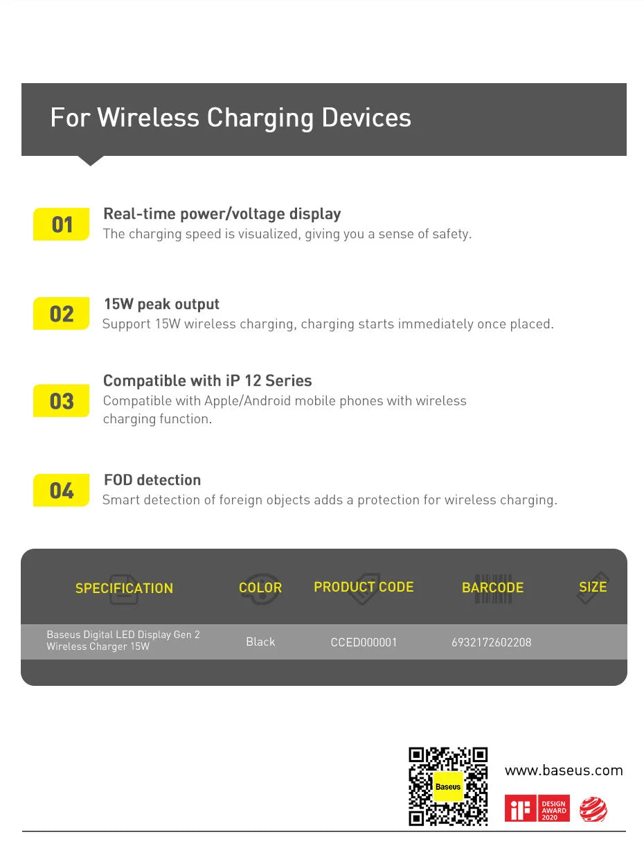 15W Fast Wireless Charger Pad with LED Display - Qi Certified Black Tidesmit