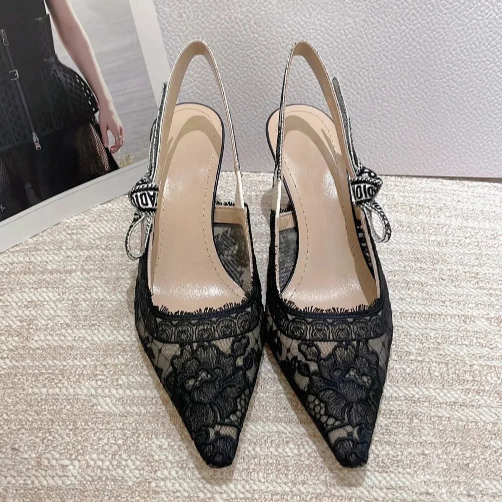 Women Shoes Sexy Stiletto Pointed Toe Transparent Mesh Embroidery Heels, Elastic Strap Evening Footwear for Club Party Occasions