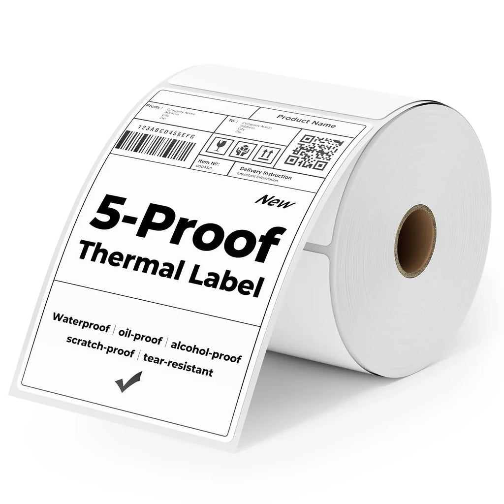 White thermal label roll with 5-Proof text and QR code on the label