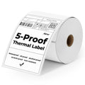 White thermal label roll with 5-Proof text and QR code on the label