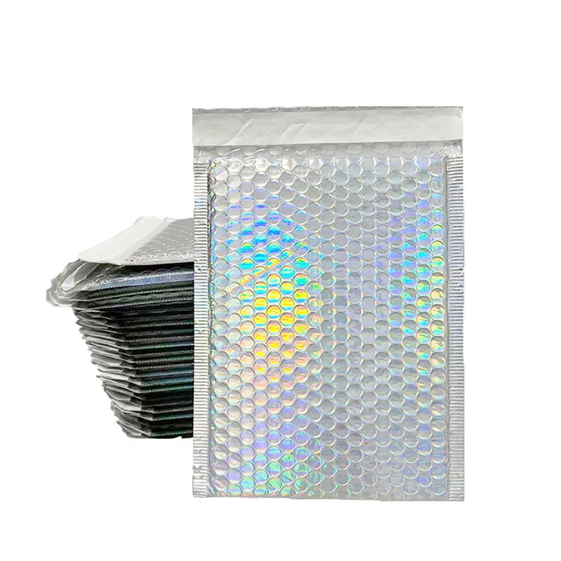 Holographic padded bubble mailer with stacked envelopes behind