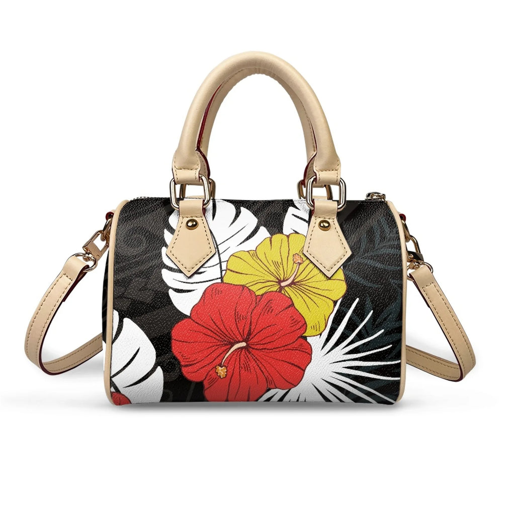 Waterproof PU trunk handbag with Samoan tribal print, hibiscus flowers, beige handles, and detachable crossbody strap.