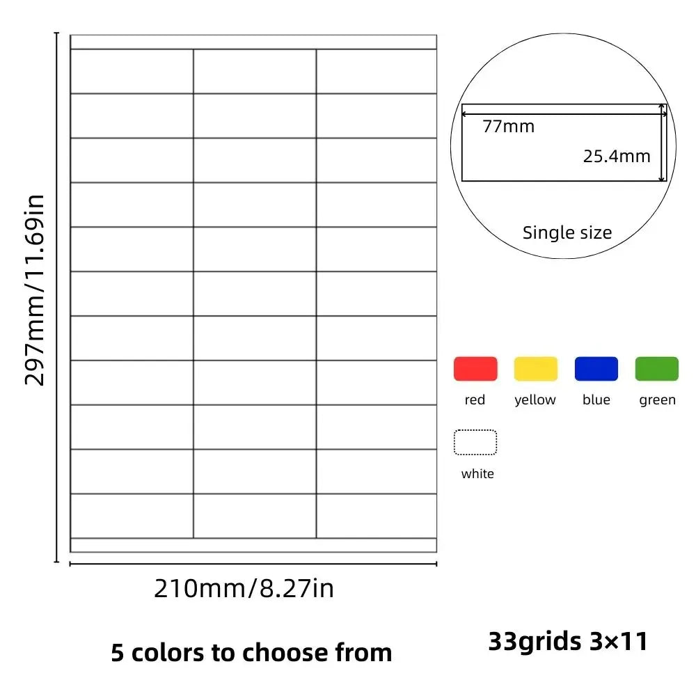A4 sticker label sheet with 33 grid layout and adhesive backing, copperplate paper