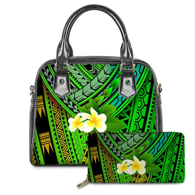 PU leather handbag and wallet set with vibrant green Polynesian tribal print and plumeria floral accents.