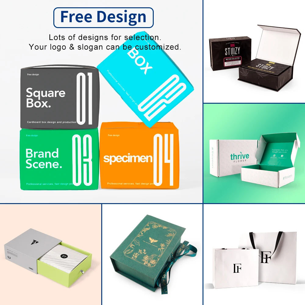 Shipping box mailers carton designs collage showing square box and branded packaging