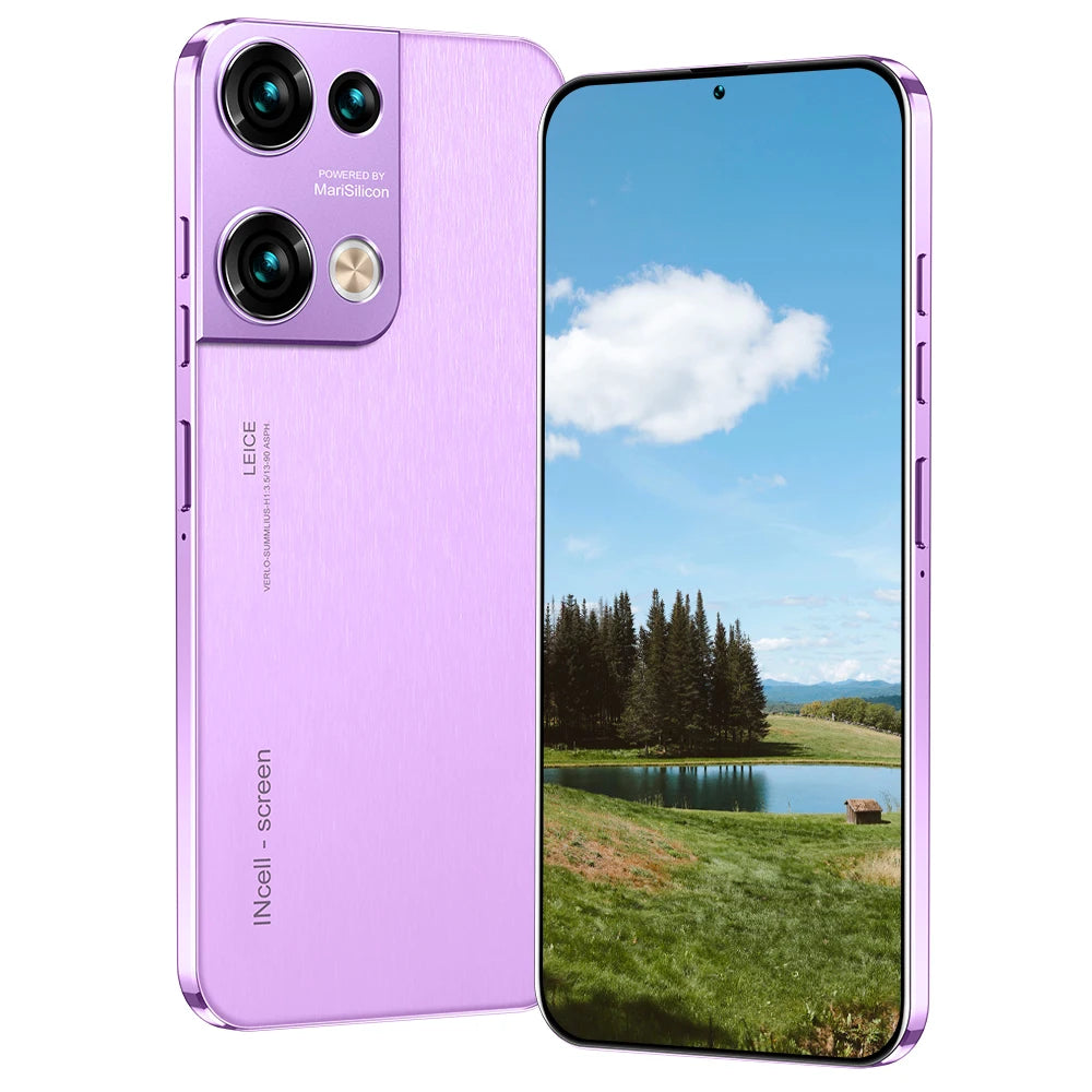 Purple smartphone with quad rear cameras and front display showing landscape photo.
