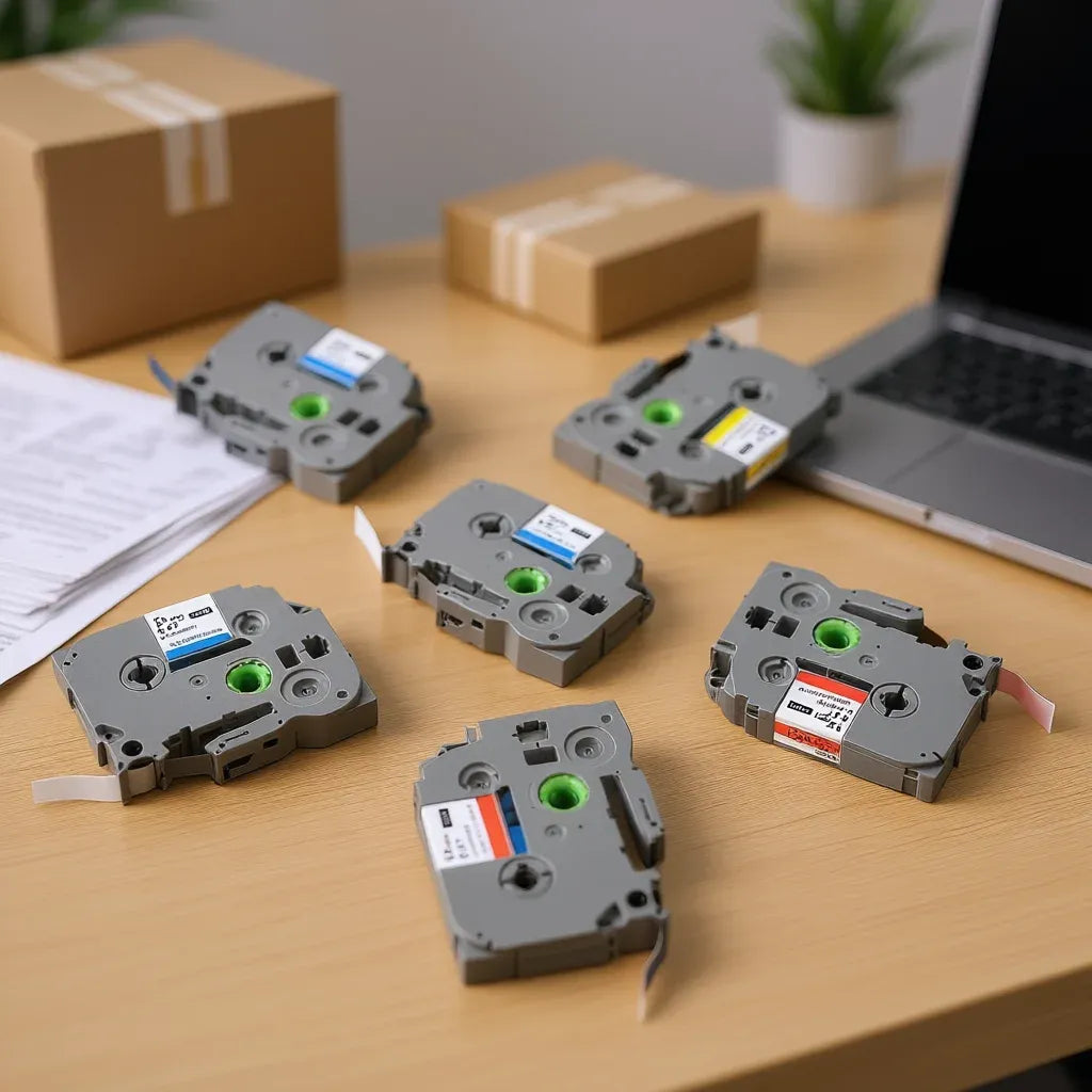 Multiple waterproof thermal label tape cartridges on wooden tabletop