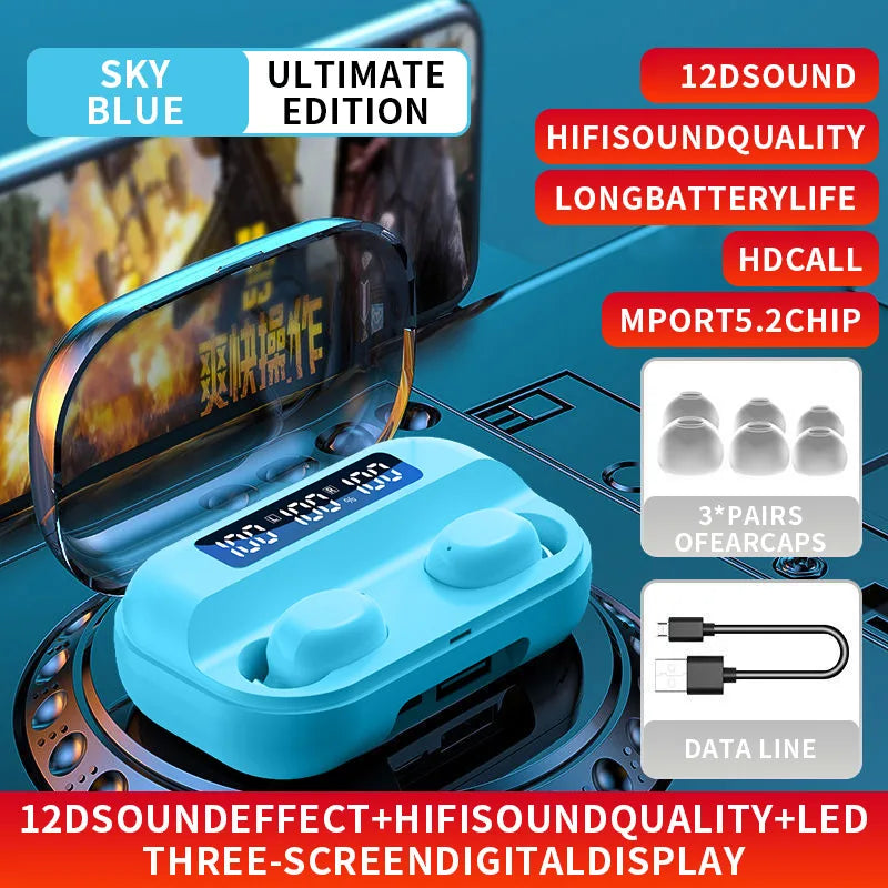 Hot New Custom Tws Wireless Headphone Earphone Sports Waterproof Touch Headset Led Display Earbuds Blue Tidesmit