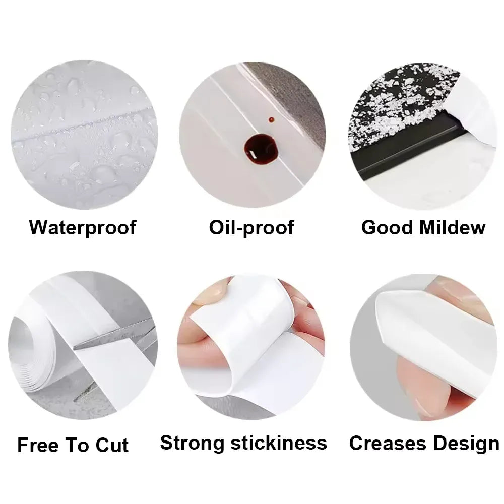 White caulk tape showing waterproof and mildew-resistant feature icons