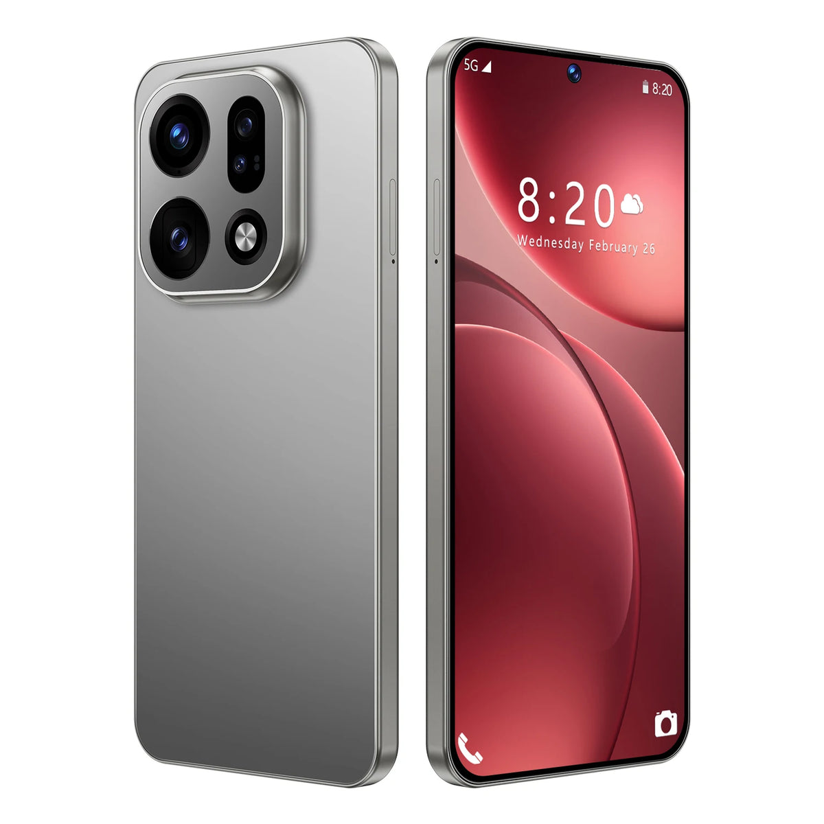 Silver unlocked smartphone with triple rear cameras and front display