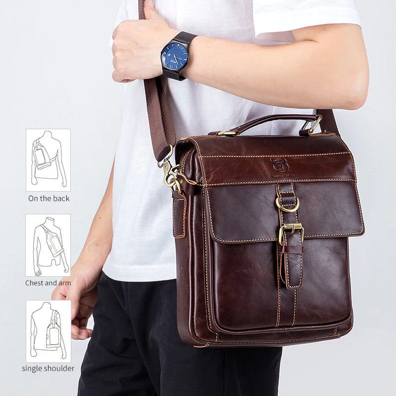 BULLCAPTAIN vintage dark brown genuine leather messenger bag with buckle flap, top handle, and adjustable shoulder strap.
