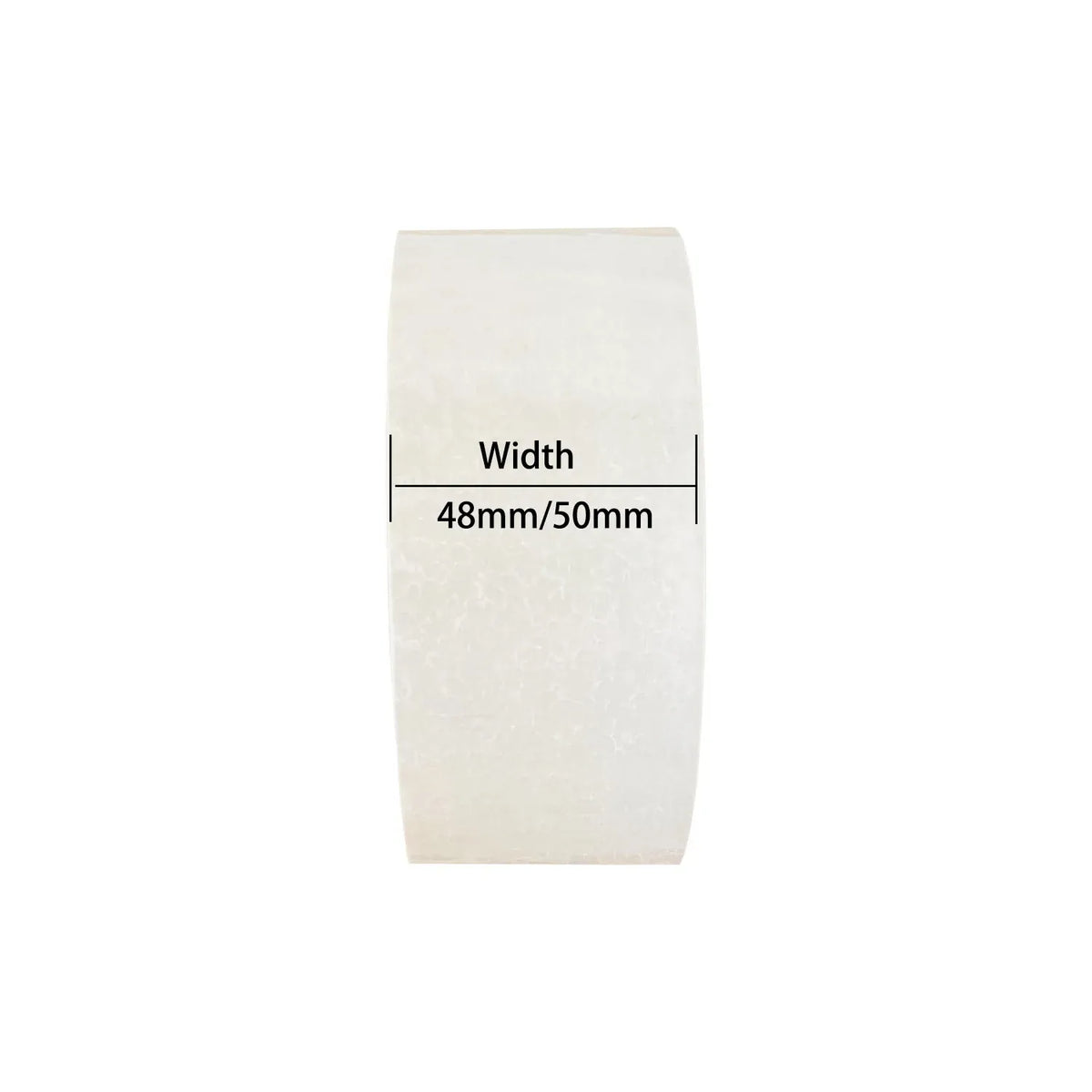 White BOPP packaging tape roll showing width measurement 48mm/50mm.