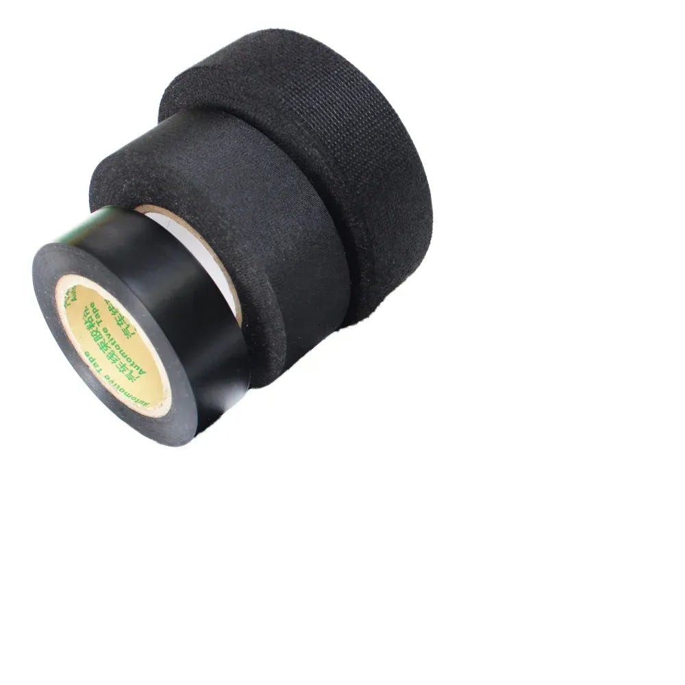 Black self-adhesive wire harness tape rolls, showing inner backing and adhesive rim