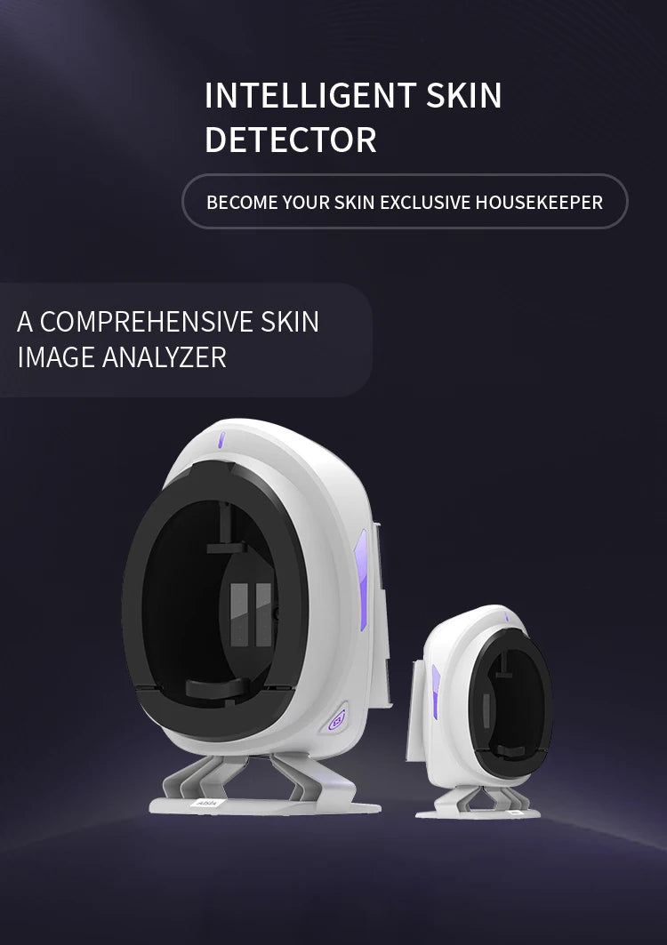White smart facial skin scanner and analyzer device for home anti-aging analysis on a dark purple background.