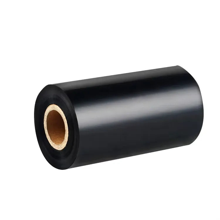 Black thermal transfer ribbon roll with exposed cardboard center core