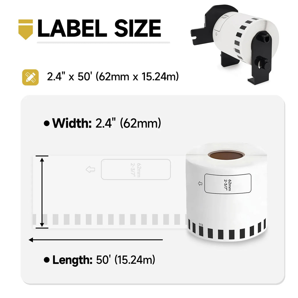 Label tape size: 62mm wide, 15.24m long, continuous roll