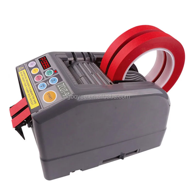 Automatic tape dispenser with red tape roll and LCD control panel on dark gray body