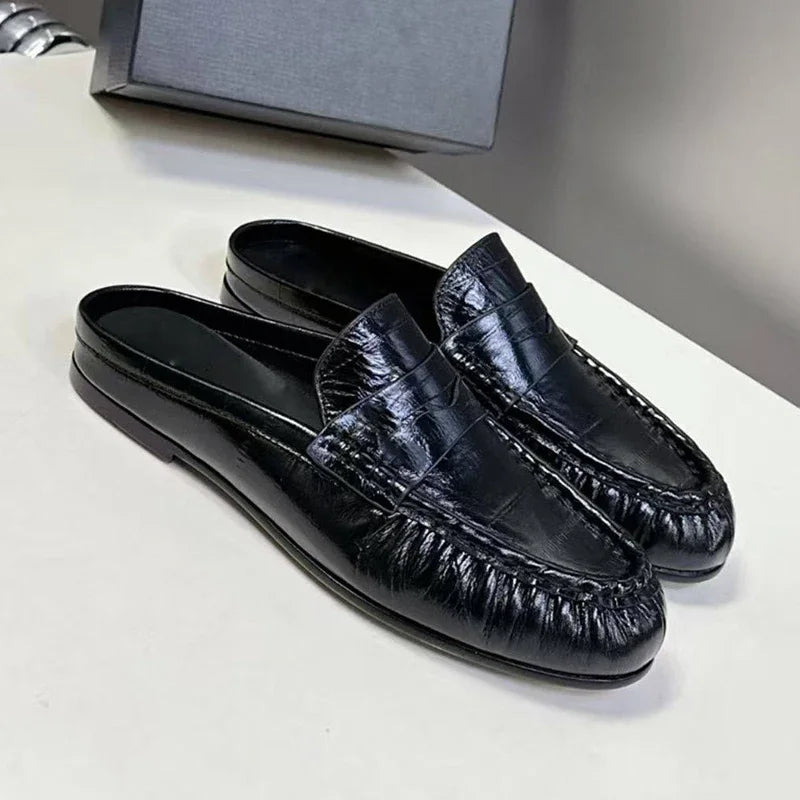 Women's Genuine Leather Loafers Ruched Backless Mules Comfortable Flat Slip-ons Soft Casual Walking Shoes Spring Slides