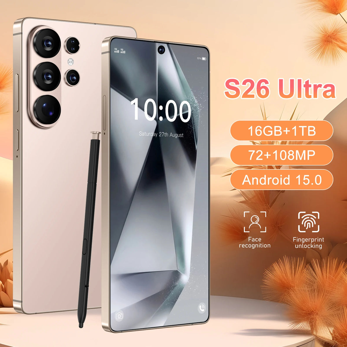 Unlocked gold smartphone with quad rear cameras, front display, and included stylus pen.
