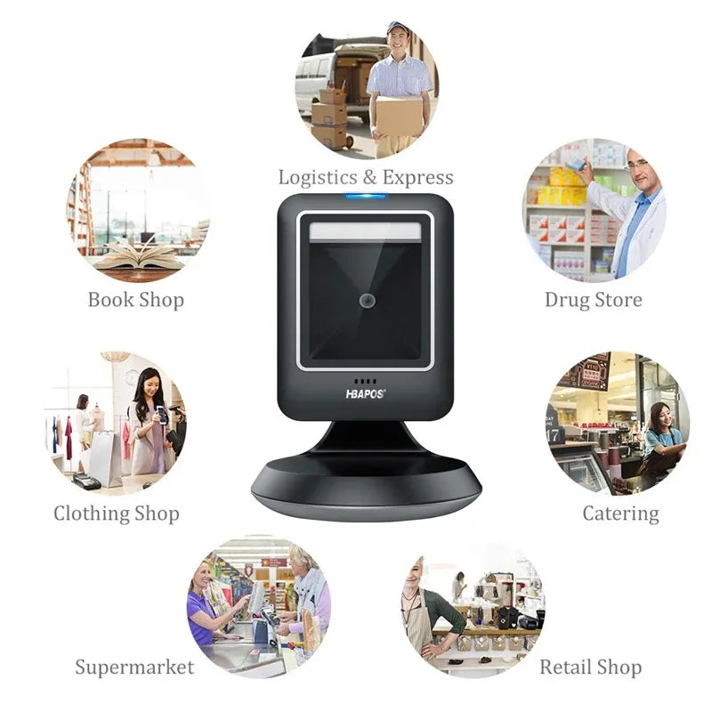 Black desktop barcode scanner with front window and HAPOS logo on round stand